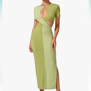 Keyhole Front Dress Split Side Hem Colorblock Bodycon Casual Maxi Dresses